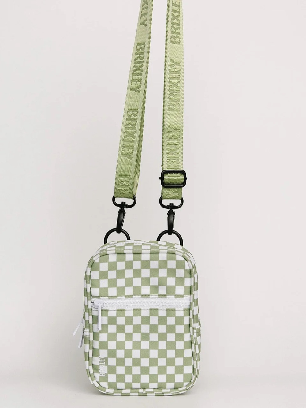 BRIXLEY Light Green Checkerboard Crossbody Bag with Logo Strap